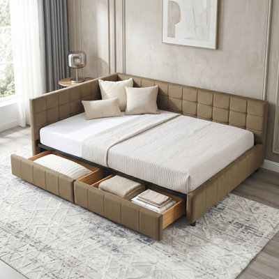 Lit de jour double rembourré moderne avec tiroirs et dossier pour chambre ou chambre d'amis