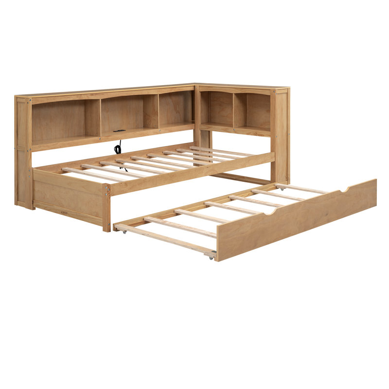 Lit de jour simple avec lit gigogne et rangement - Bois massif pour un matériau de charge durable, Naturel