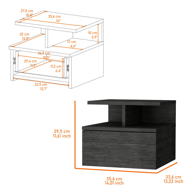 Concrete Floating Nightstand With 2 Shelf And Generous Storage For Bedroom Objects, Gray