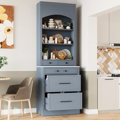 83.7Inch Tall Gray Kitchen Cabinet With Faux Marble, 5 Storage Drawers And Adjustable Shelf For Modern Home In Marble Top, Space Efficiency