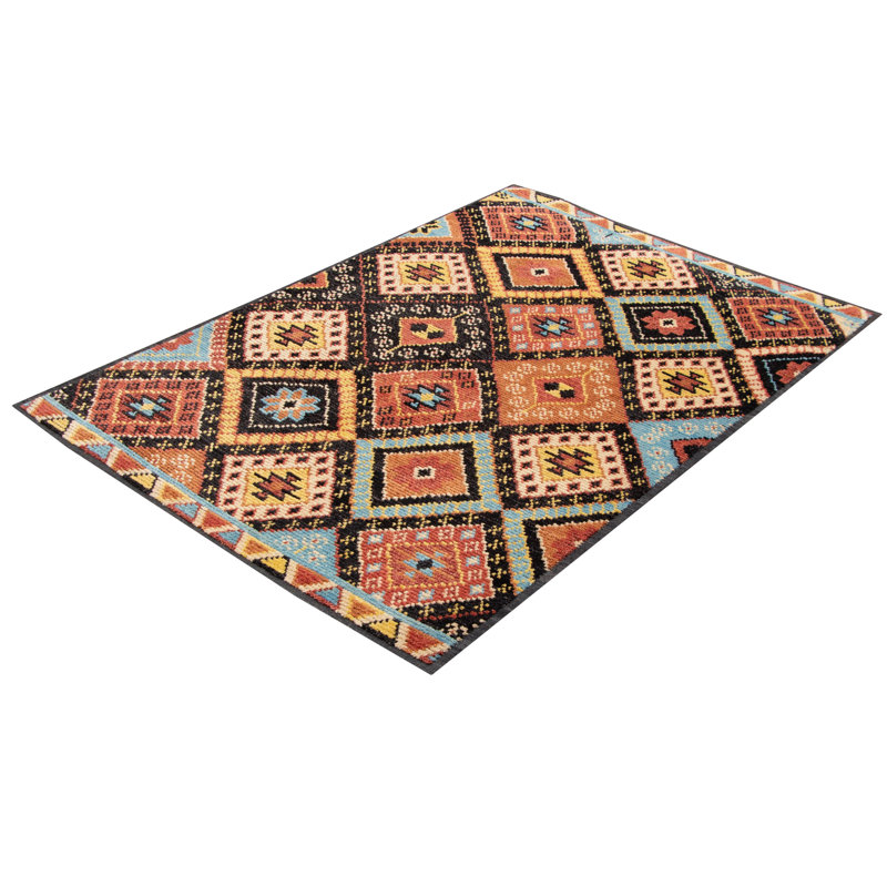 Tapis noir / orange / bleu en laine noué à la main 5 pi 7 po x 8 pi 2 po Aloria Moroccan