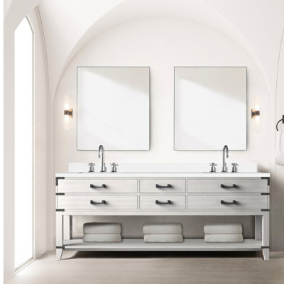 White Oak Double Bath Vanity With Quartz And Practical Storage - 84x22 In Top Mirrors 84 In. W X 22 D
