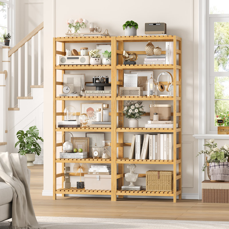 📦【2 Set】Solid Bamboo Bookcase Set | Adjustable 6-Tier DIY Shelves, Heavy-Duty Storage For Living Room, Kitchen, Office & Bathroom