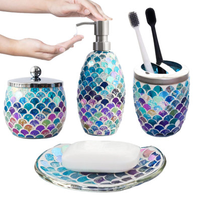 Ensemble d'accessoires de salle de bain, 4 pièces | Distributeur de savon en verre fabriqué à la main en mosaïque, porte-brosse à dents, pot en coton, plateau à savon | Décoration de salle de bain sirène de luxe