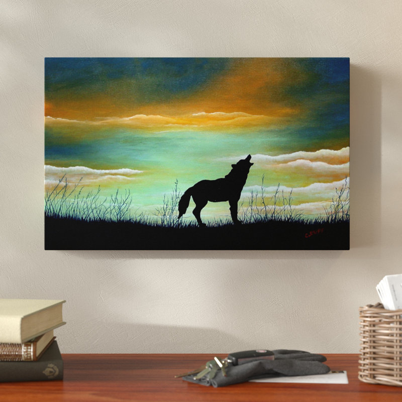 « solitaire loup silhouette », reproduction de peinture à l’acrylique sur toile tendue, H 12 po x l 19 po x P 2 po