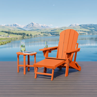 Outdoor Folding Adjustable Adirondack Chair With Hideaway Ottoman & Round Side Table