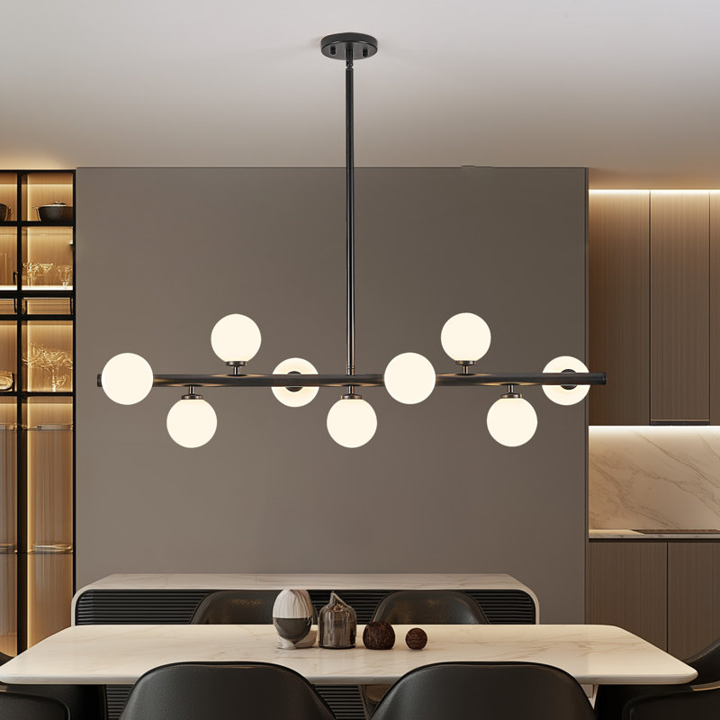 Lustre linéaire moderne en verre bullé à 9 lumières à intensité variable Spoutnik, Noir mat, Blanc