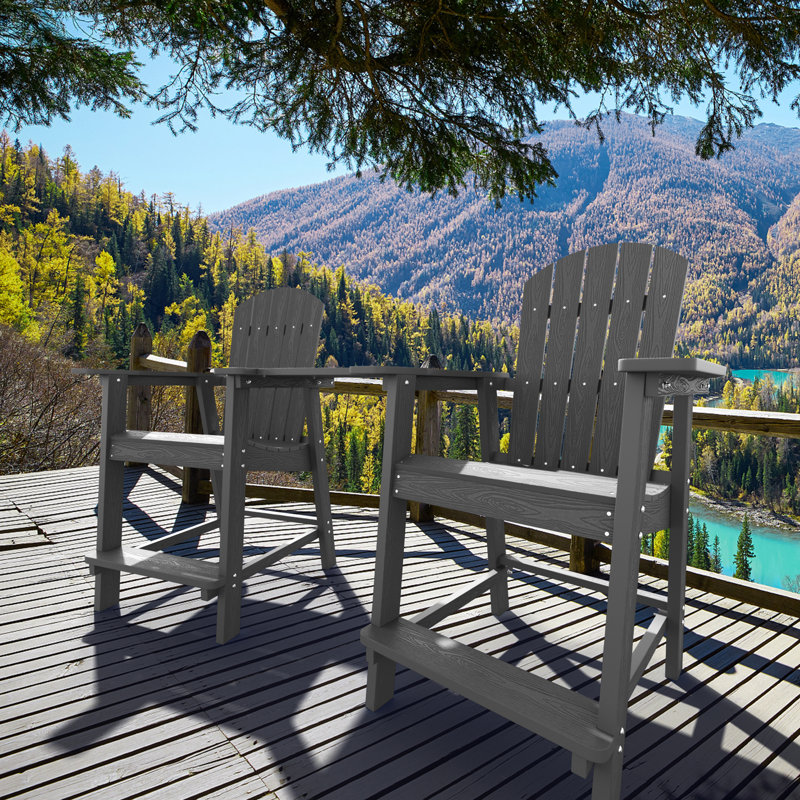 Borghild HIPS Outdoor Adirondack Chair Set with Removable Table All- Weather Patio Bar Stools, Gray