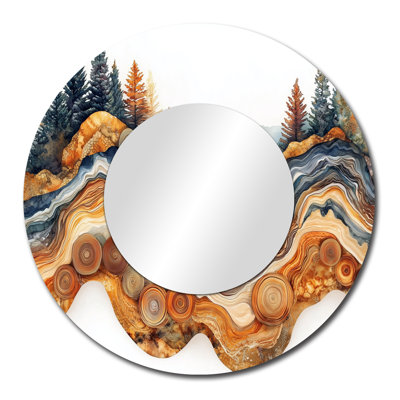 Wood Slide View of Forest Landscape in Autumn I – Orange Rustic Round Decorative Wall Mirror, Printed on Metal