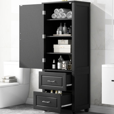 Grande armoire de rangement autoportante noire avec deux tiroirs, tablette réglable, facile à nettoyer et mécanisme de surmatelas