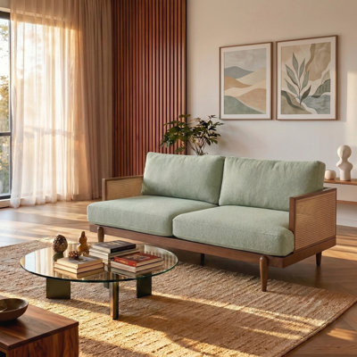 Square Arm 3 Seater Boucle Sofa with Cane Rattan and Wooden Frame for Living Rooms, Bedrooms and Apartment Office, Walnut, 72 Inch