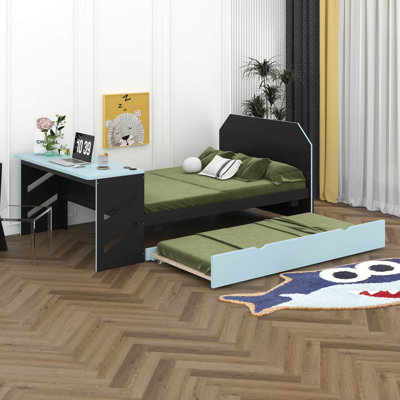 Lit de jour double en bois avec lit gigogne simple, lit de jeu avec bureau et port USB pour enfants adultes, conception peu encombrante