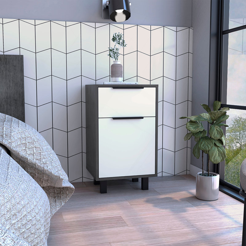 Kaia Z Nightstand , End Table, Side Table One Drawer, One Cabinet,  Four Legs, Superior Top -Smokey Oak / White