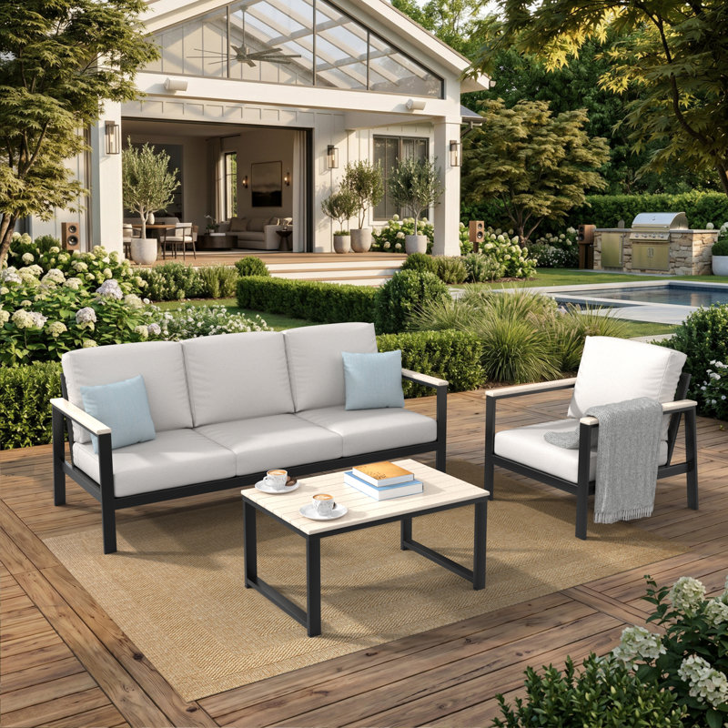 Ensemble de conversation 3 pièces avec coussins Sunbrella® Ulrica, 3 Pcs: Table, Sofa, Chair, Blanc