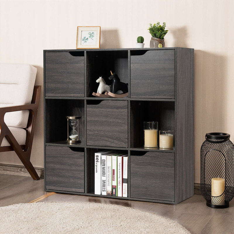 Bibliothèque avec 9 cubes et bibliothèque en bois, Bois gris