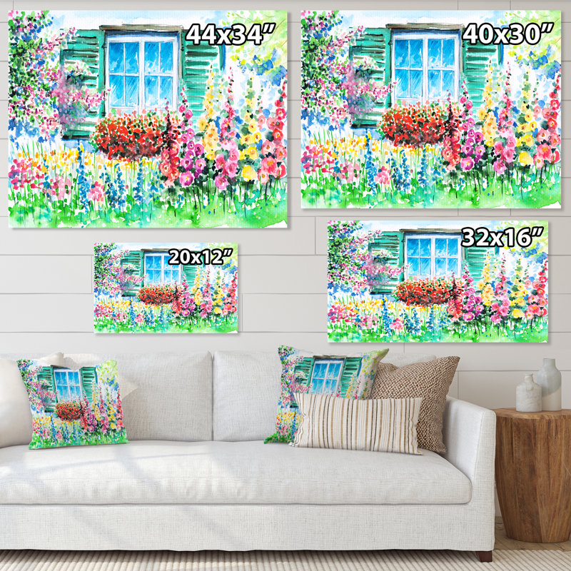 Géranium rouge devant une fenêtre bleue - peinture sur toile, H 34 po x l 44 po x P 1,5 po, Toile tendue