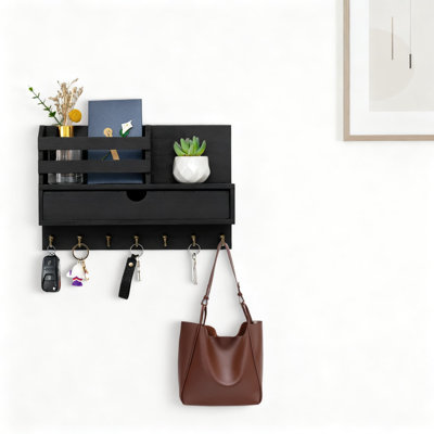 Wall Mounted Key And Mail Holder With 6 Hooks, Storage Drawer And Shelf, Solid Wood Entryway Organizer For Home And Office