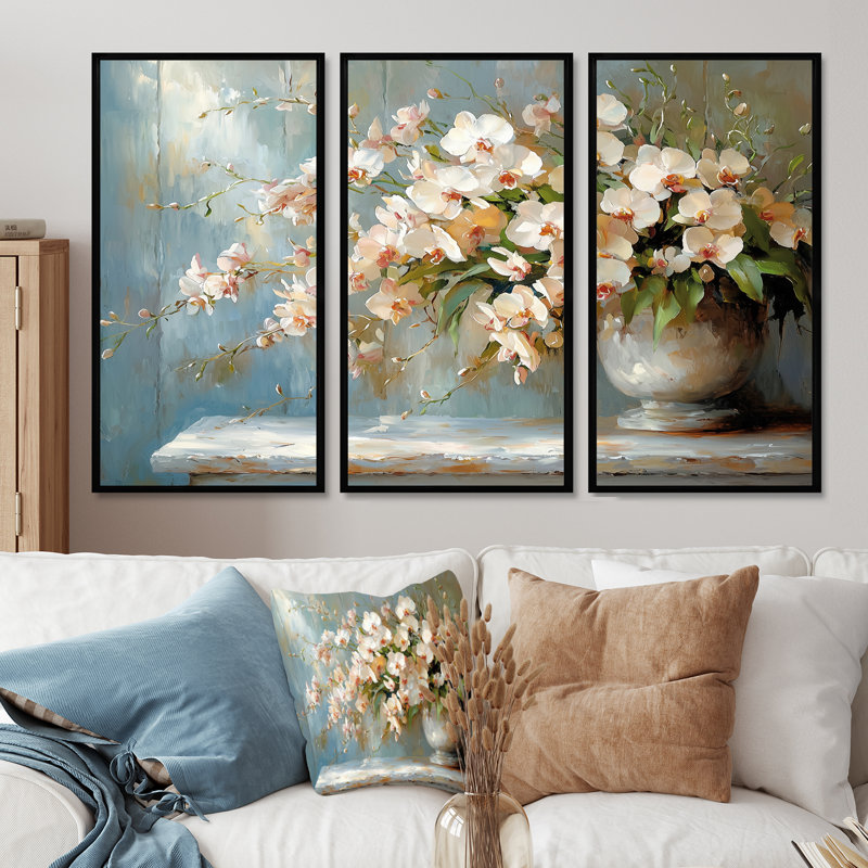 Harmony orchidées fleurs II - art mural orchidée - ensemble de 3, H 28 po x l 36 po, Noir