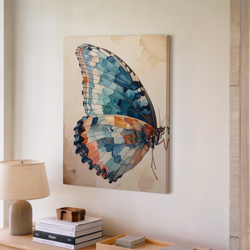 Illustration papillon unique avec toile colorée asymétrique peinte à la main, prête à accrocher, H 24 po x l 18 po