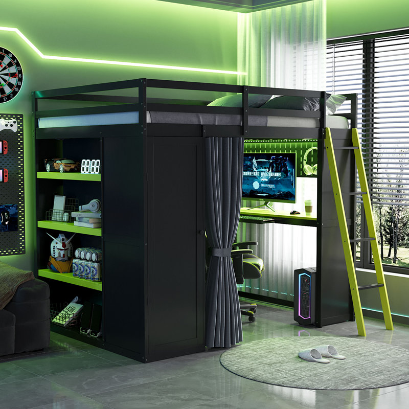 Full Size Loft Bed, Multi-Functional Workstation, E-Sports Desk, Shelves & Wardrobe, Sleek & Chic Modern, Teen Bedroom