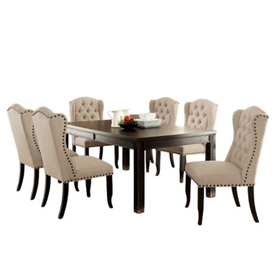 Bega 7Pc Dining Table Set, Button Tufted Nailhead Chairs, Black Wood
