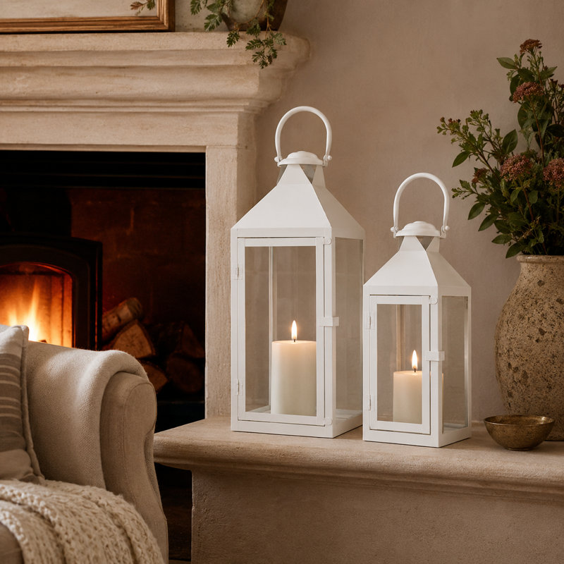 JHY DESIGN Set of 2 Metal Lanterns with Tempered Glass Farmhouse Candle Holders, White