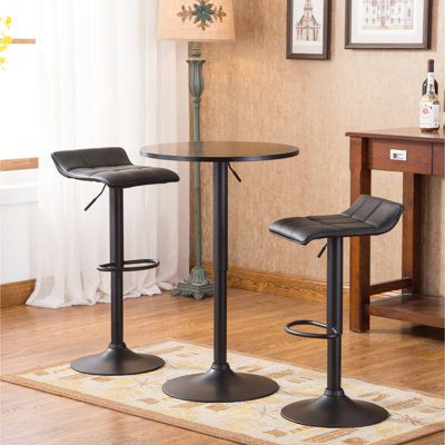 Black Round Top Adjustable Dining Table And 2 Swiveling Leather Chairs Height Bar Swivel Bonded Seat