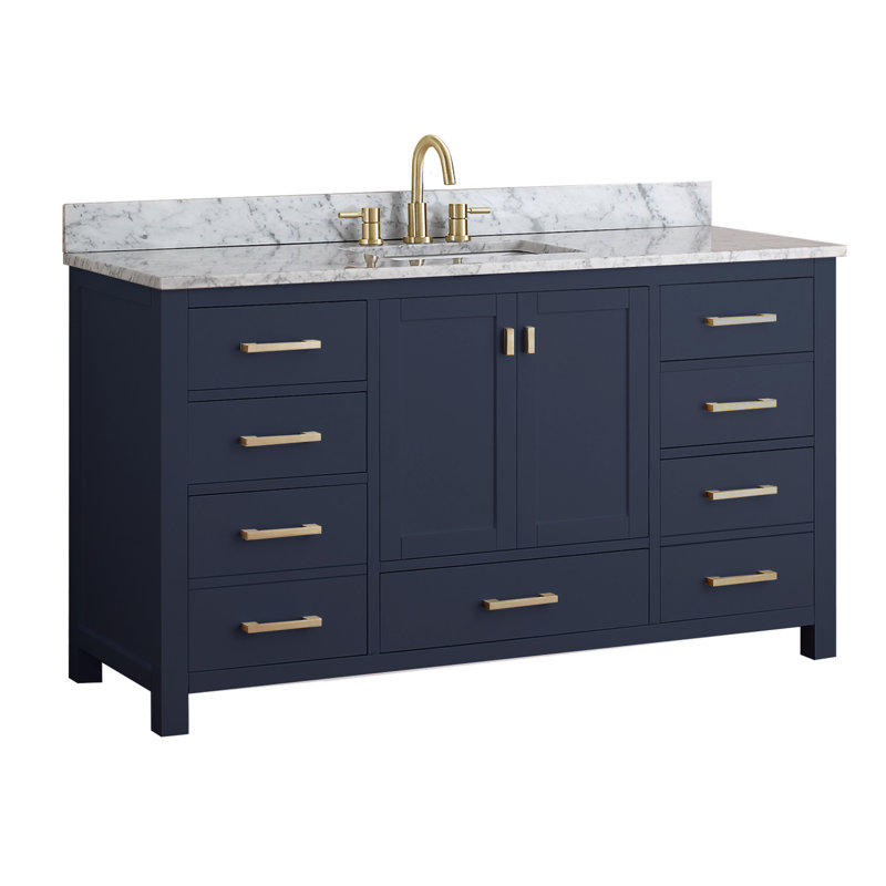 Meuble-lavabo simple 60 po avec plateau Souther, Marbre blanc de Carrare, Chêne brossé, Noir