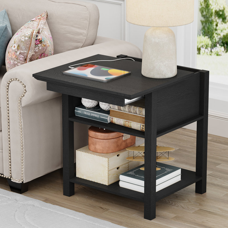 Analiesa End Table With Storage And Charging Station, Black Top/Black Base