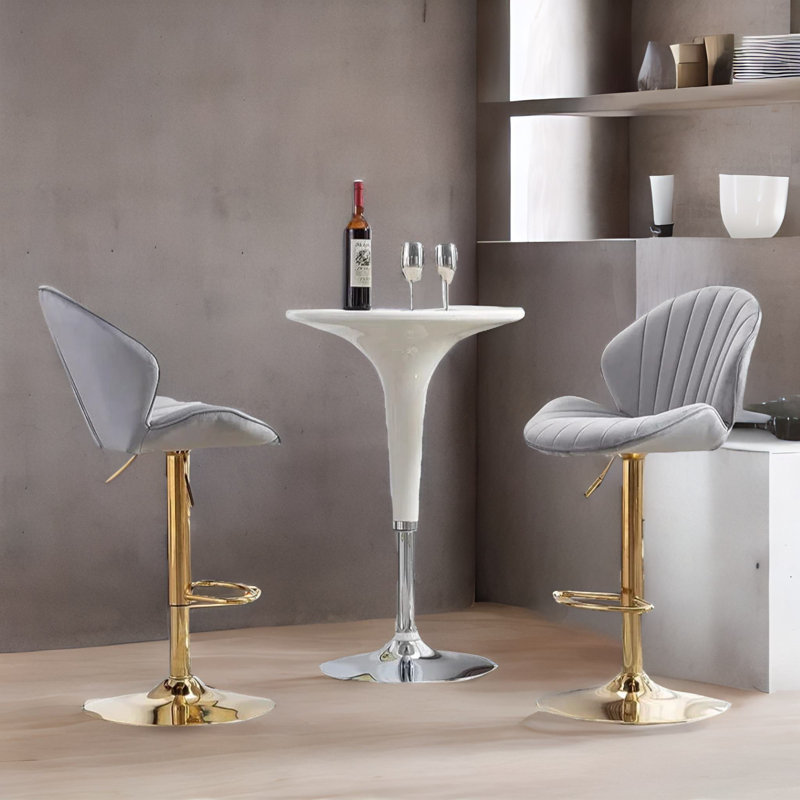 Ayeisha Height Adjustable Swivel Bar Stool With Back & Footrest Grey Gold