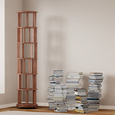 100%Solid Wood Rotating Bookshelf On Wheels, 6 Tier, Round Revolving Bookcase, 360° Spinning Book Shelf Tower For Kids, Narrow Rolling Bookshelves For Small Space, Corner, Bedroom, Office, Walnut