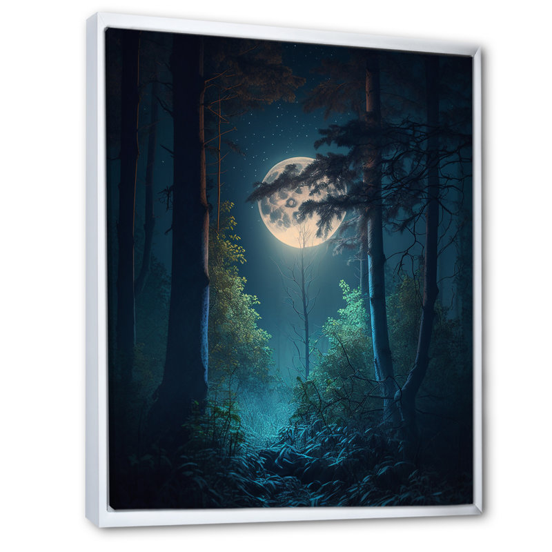 «Full Moon Grace Magical Midnight Forest I», reproduction sur toile, Cadre flottant blanc, H 32 po x l 24 po x P 1 po
