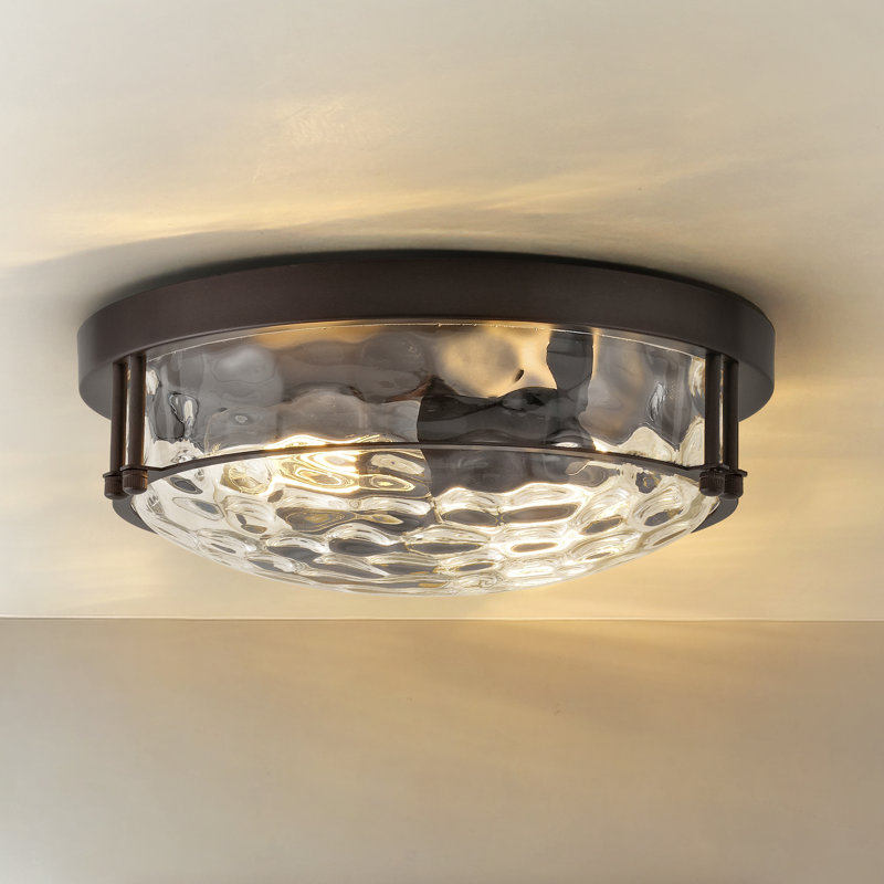 12 Inch 2-Light Flush Mount Ceiling Light With Hammered Glass, Oil Rubbed Bronze, Hammered Glass