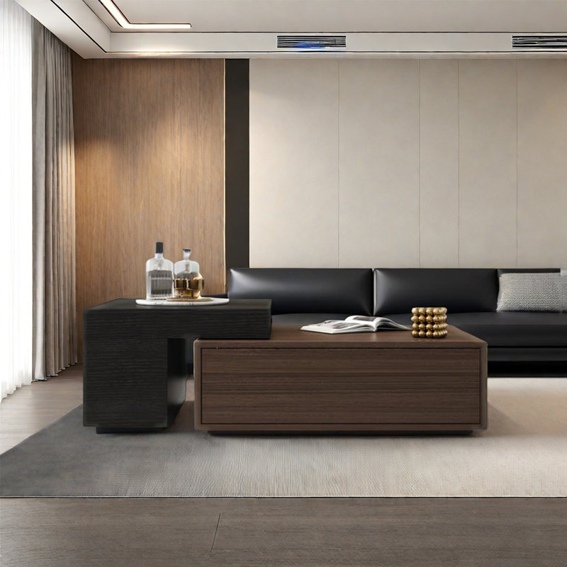 Table basse carrée de style luxueux, Noir / bois brun foncé