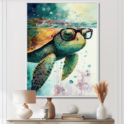 Turtle With Glasses In The Ocean II - Turtle Wall Art