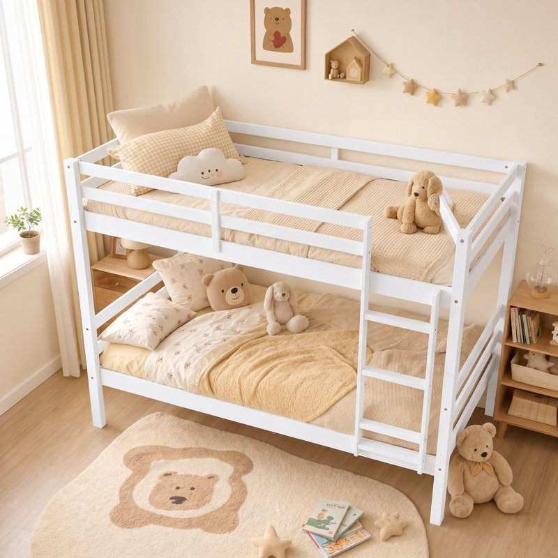 Lit superposé double au-dessus d'un lit double avec échelle, lit superposé en bois massif avec garde-corps et échelle pour enfants, adolescents, dortoirs et chambres d'amis, aucun sommier nécessaire, blanc