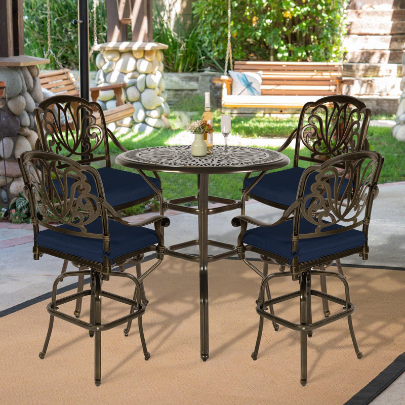 Waverley Round 4 - Person 35.38" Long Aluminum Bar Height Dining Set, Navy, Navy