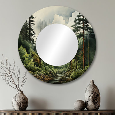 Forêt de pins - miroir mural en pin, miroir décoratif rond vert, impression d'art en métal