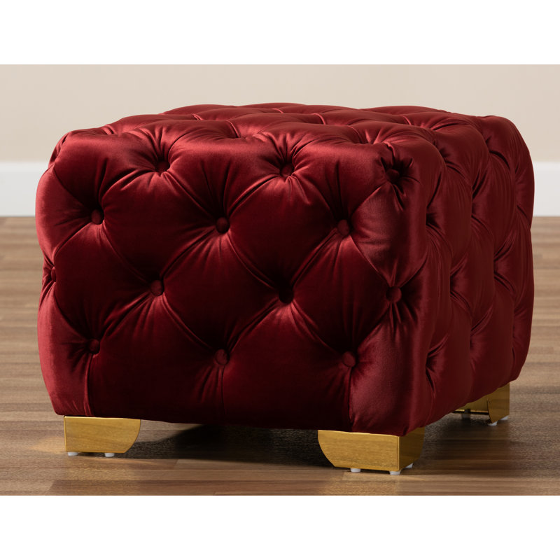 Velvet Tufted Square Solid Colour Cube Ottoman, Burgundy
