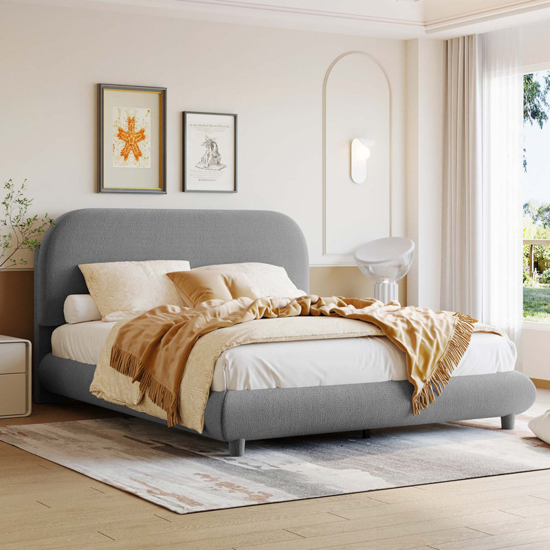 Lit plateforme en tissu d'ameublement Teddy, Gris, Lit double