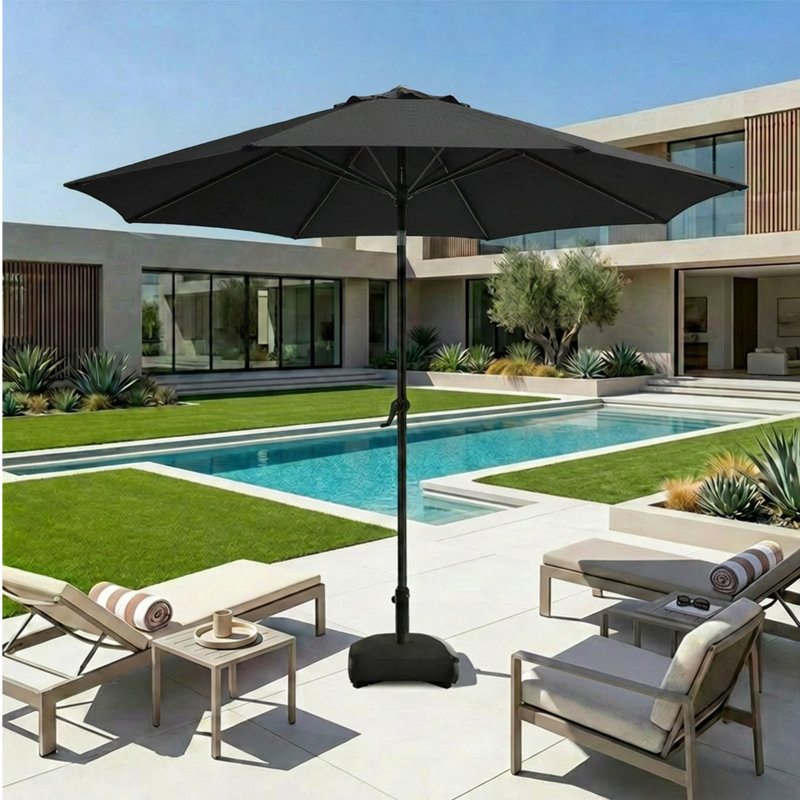 Parasol de marché 9 pi avec base et bouton poussoir inclinable 9 pi, L 132 po x P 132 po, Marine