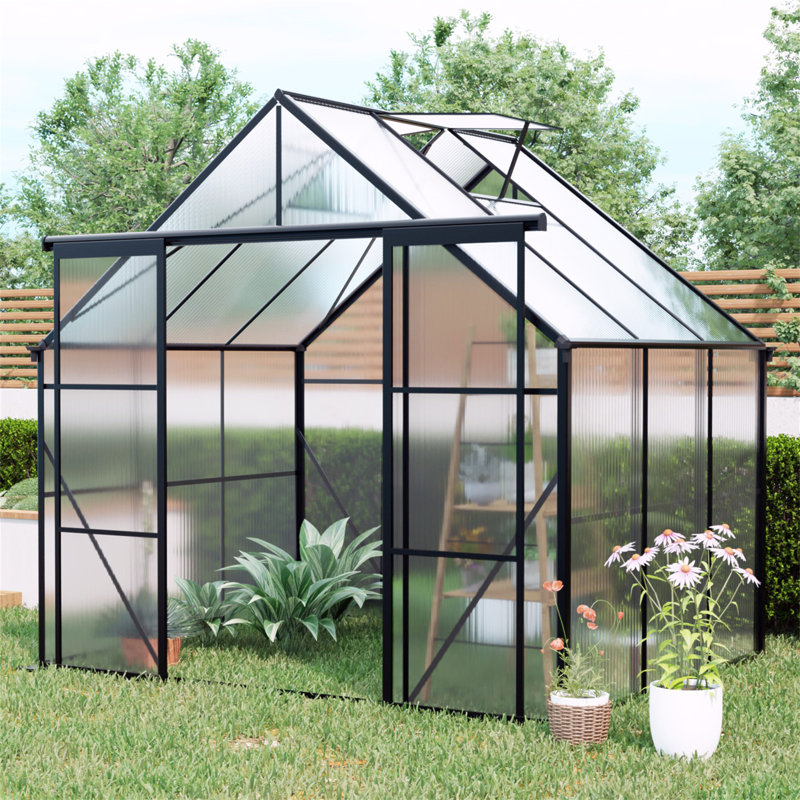 8X6FT-Black Double Door Polycarbonate Greenhouse Raised Base And Anchor Aluminum Heavy Duty Walk-In Greenhouses For Outdoor Backyard In All Season