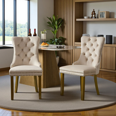 Traditional Velvet Wingback Tufted Solid Wood Upholstered Dining Chairs With Lion Head Pull Ring