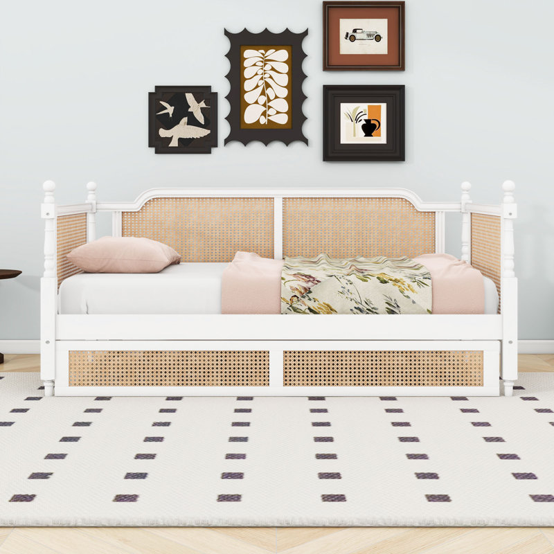 Wood Daybed with Rattan Headboard and Trundle, Twin, Antique White