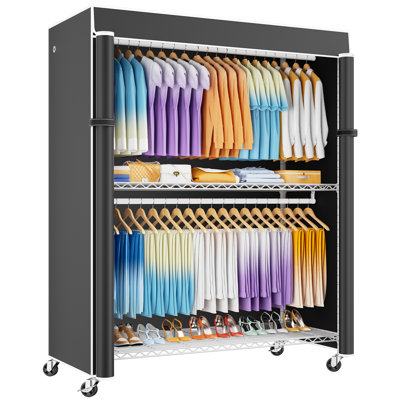 P8C Max Heavy Duty Clothes Rack（With Extended Width Design） Rolling Clothing Racks for Hanging Clothes with Lockable Wheels，51.2"W x 15.8"D x 80.5"H，Load 800LBS，White Rack with Black Cover