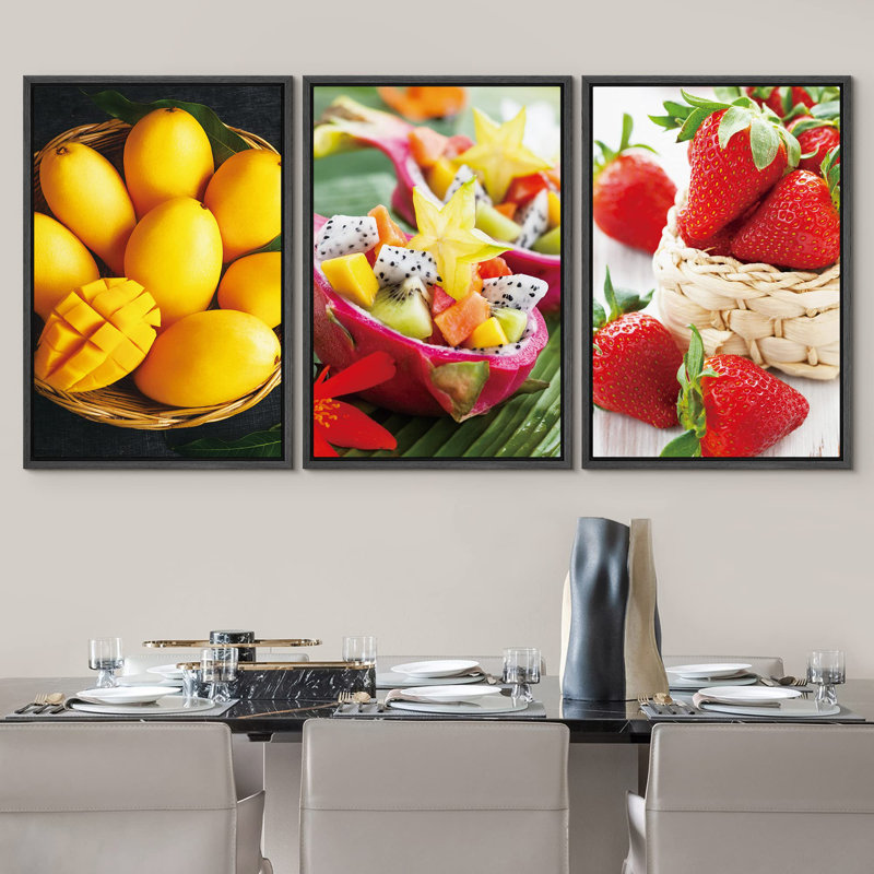 Mangue, fruit du dragon et fraise, nourriture, photographie, fruits, réalisme, chic, gros plan, ultra, Cadre flottant noir