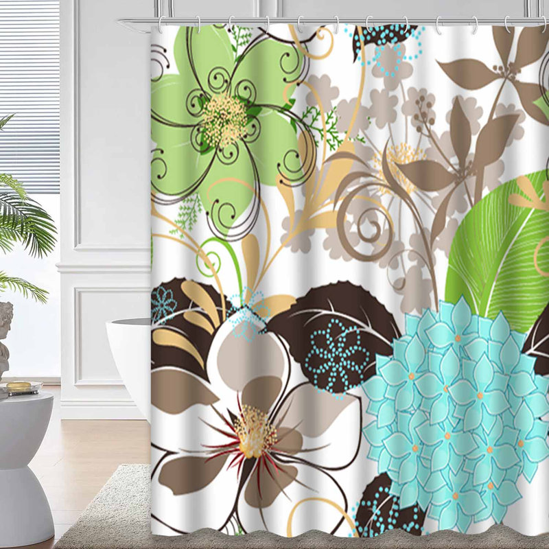 Rideau de douche à motif floral avec 12 crochets, L 72 po x l 72 po