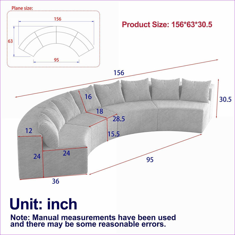 Sectional Sofas | Modern Curved Symmetrical Modular, 4 Modules 8 Pillows, for Living Room Bedroom Office | Corduroy | Grey