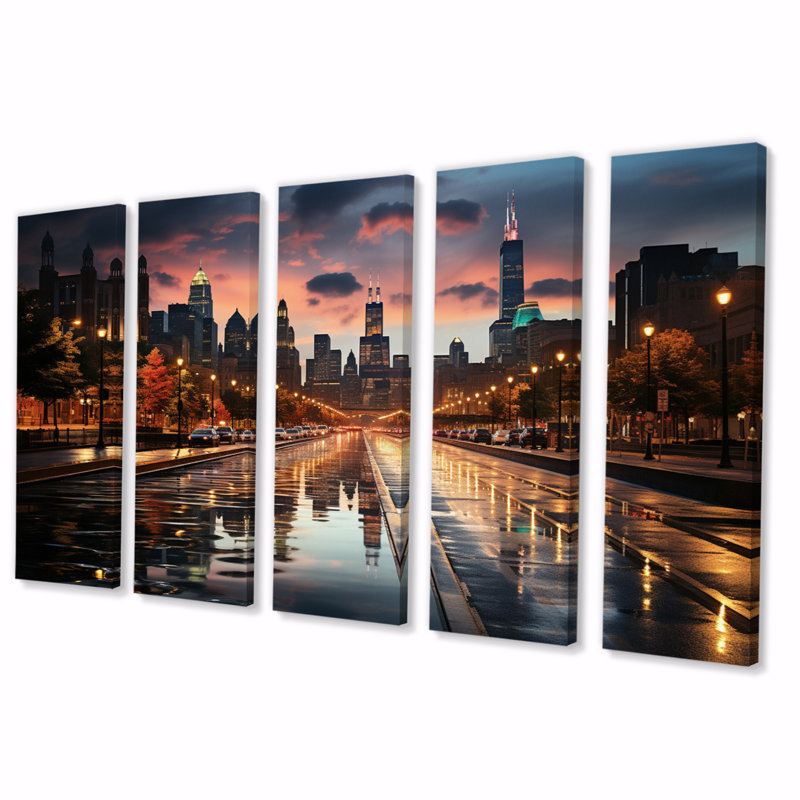 " Chicago Cityscape By Night II " 5 Piece Art Mixed Media Print