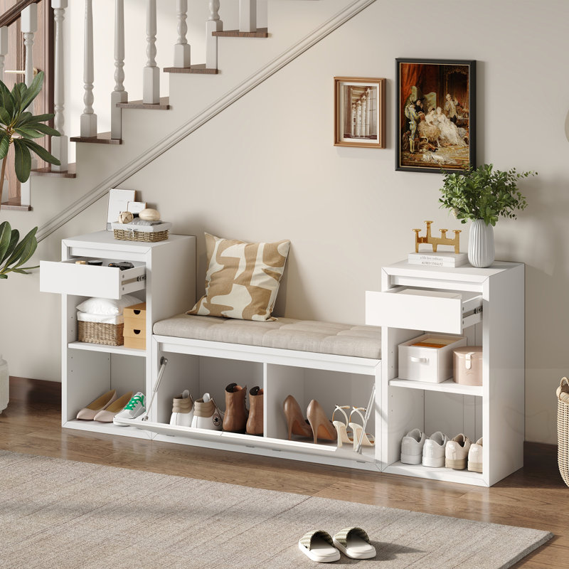 Banc de rangement pour chaussures avec coussin, tiroirs et tablettes ouvertes, White